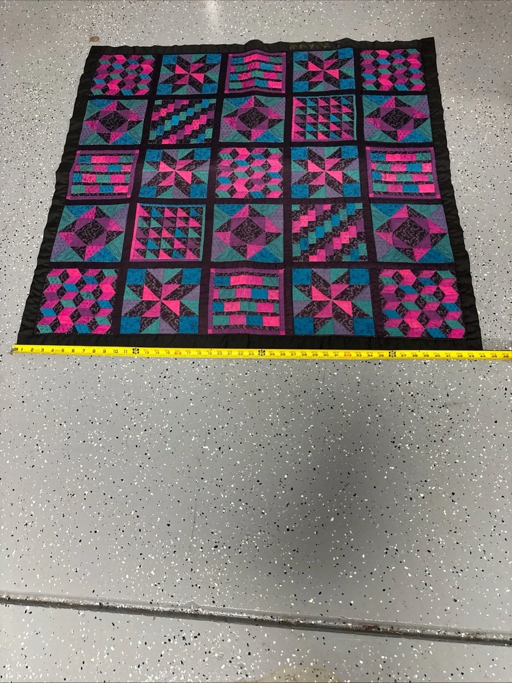 Handmade Hand Quilted Patchwork Quilt in Pink, Teal & Black